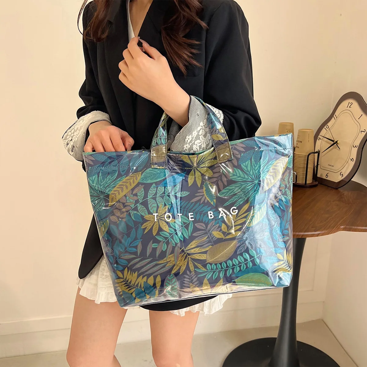 

Camouflage Leaf Print Korean Style Tote Bag Clear PVC with Magnetic Clasp Large Capacity Water Resistant Easy Clean Commute