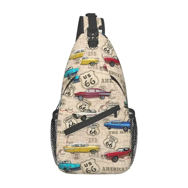 Cool Route 66 Muscle Car Map Sling Crossbody Backpack Men Shoulder Chest Bag for Camping Biking