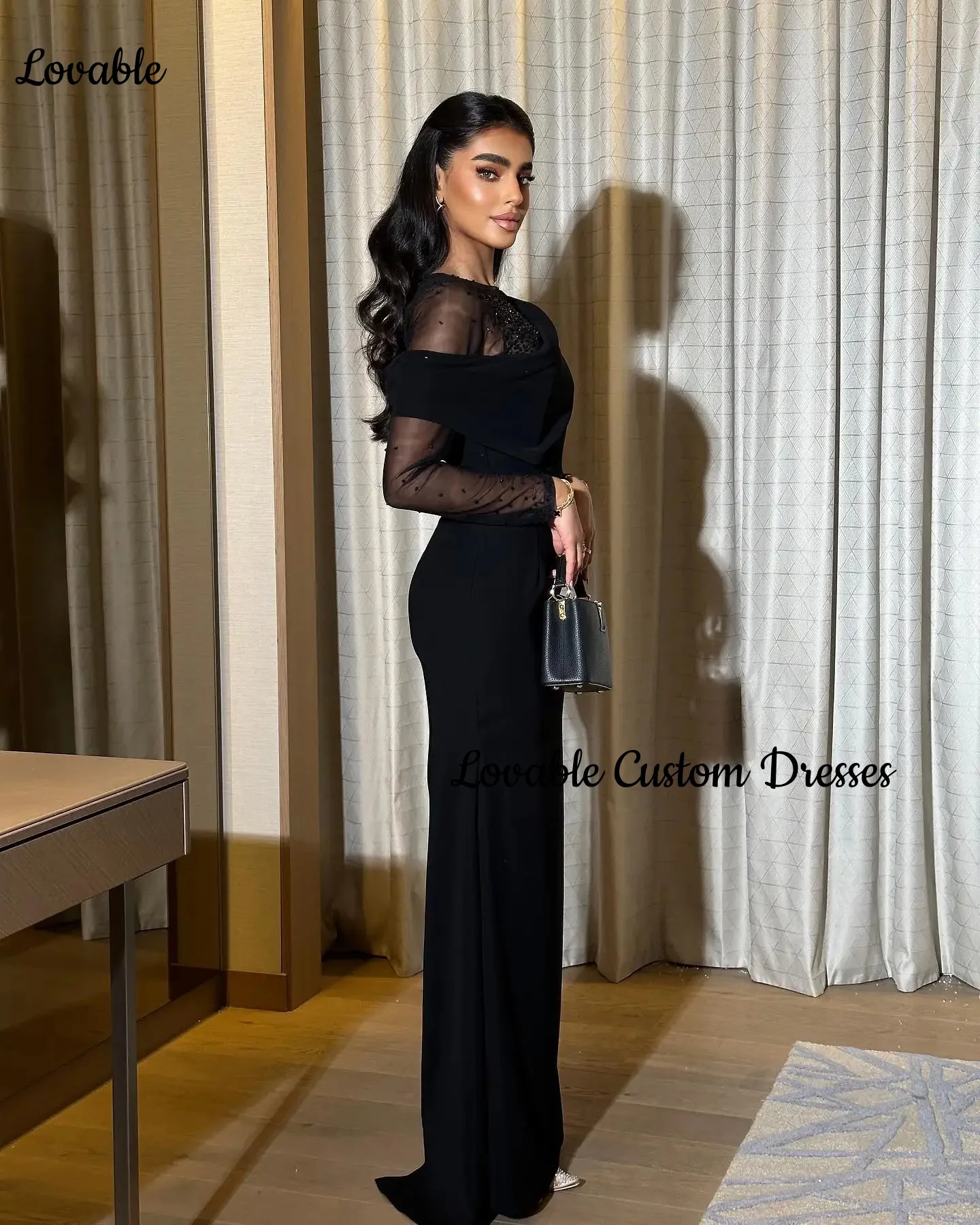 Customized فساتين سهرة A-Line Scoop Neckline Floor-Length Beadings Luxury Evening Dresses Zipper Up Long Sleeves Dresses