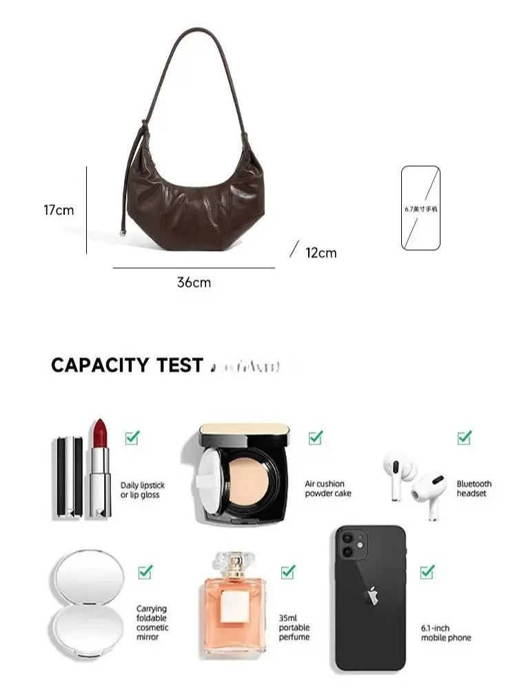 Crossbody Bag Croissant-Shaped Leather Shoulder Bag Underarm Bag Commuter Large Capacity Women's Bag Soft Vintage Style