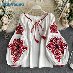 Women's Retro Blouse National Style Embroidered Lace-Up Tassel V-Neck Lantern Sleeve Tops Loose All-Match Female Blusa GK536