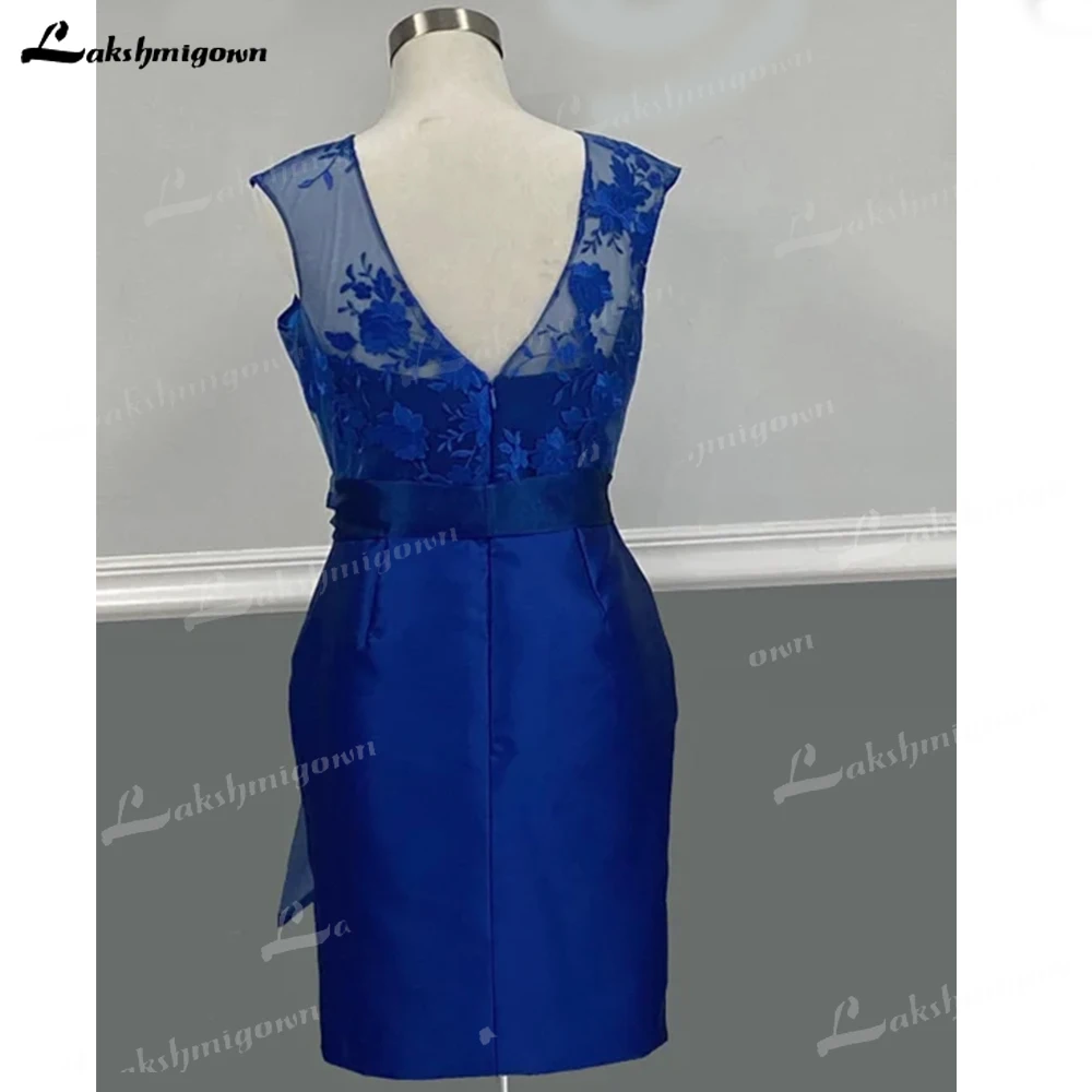 Royal Blue Short Mother Of The Bride Dress Elegant Lace Top Knee Length High Quality Fabrics V-Neck Satin Weddings Events