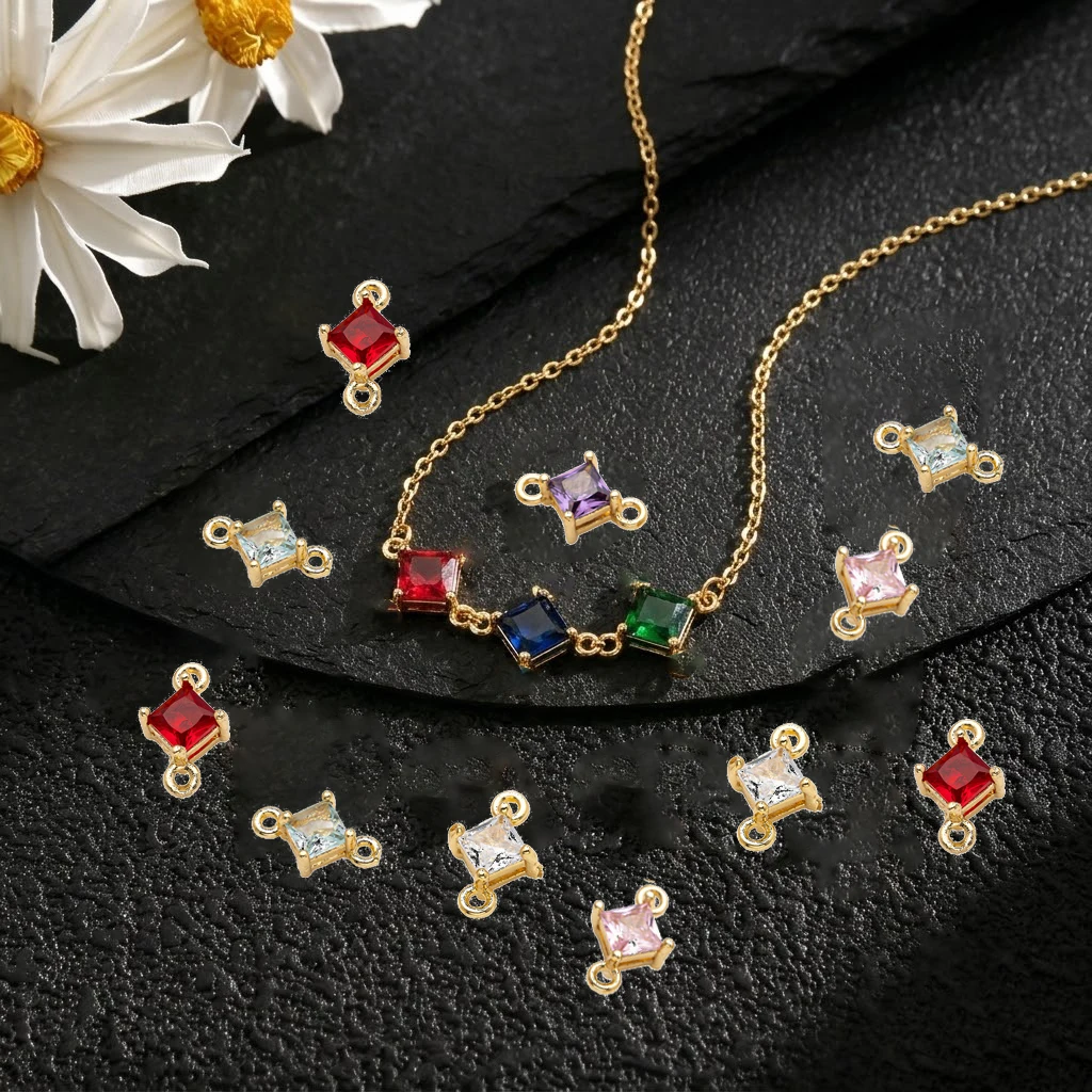 5 Stück 7 x 11 mm goldfarbene und mit Zirkon besetzte quadratische Verbindungsanhänger mit 2 Löchern für DIY-Ohrringe, Halsketten, Schmuckherstellung, Bastelbedarf – Detail 2