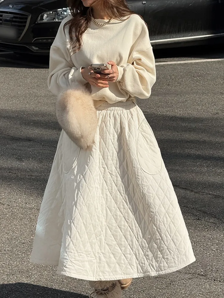 Saia retrô de cintura alta evasê para mulheres algodão comprimento f outono inverno emagrecimento saia grande com padrão de diamante guarda-chuva Skir...