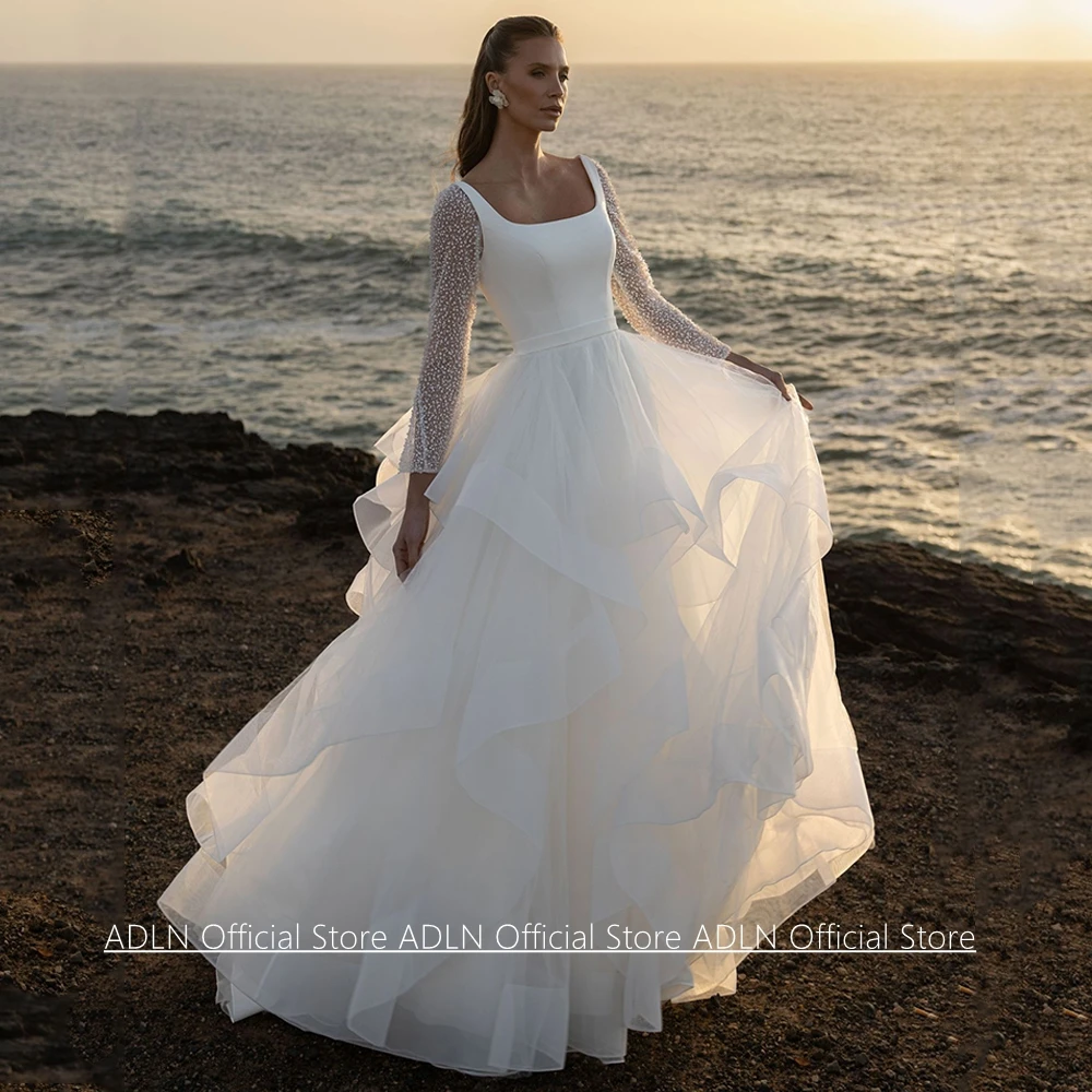 Customized Ruffles Wedding Dress New Arrival Square Neck Long Sleeves Beading Sequined Sweep Train A Line Bride Bridal Gown