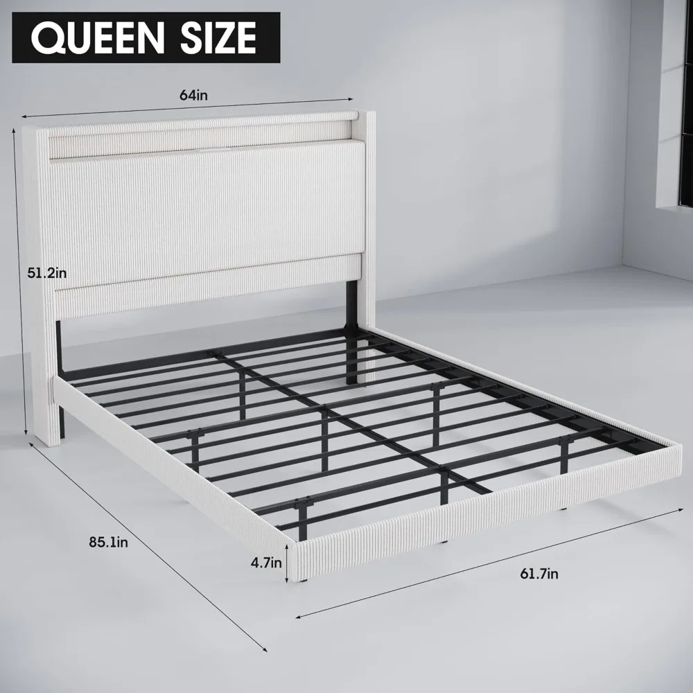 Cama flutuante com plataforma de metal com estação de carregamento, luzes LED, veludo cotelê confortável, cabeceira alta, estrutura de cama queen