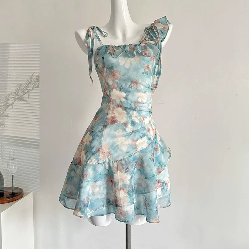 ملابس سباحة كورية مثيرة مطبوعة بالزهور الخضراء قطعة واحدة مكشكشة غير منتظمة بدون ظهر فستان قصير كولوتيس بيكيني ملابس سباحة مبطنة