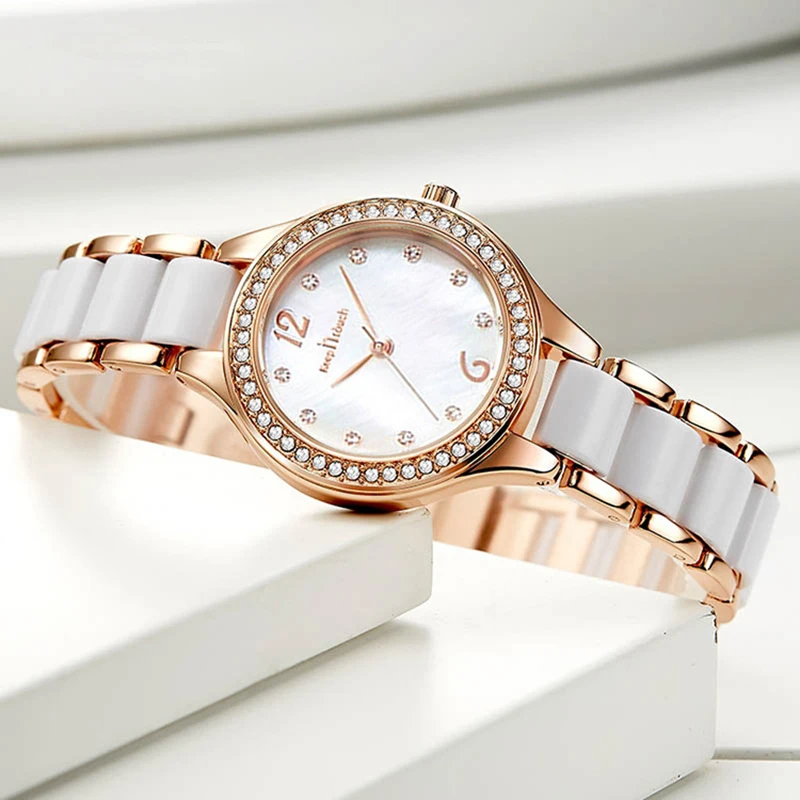 Women\'s Wristwatch Fashion Rose Gold Resin Ceramic Rhinestone Quartz Watches Woman 2024 Girl Ladies Clock