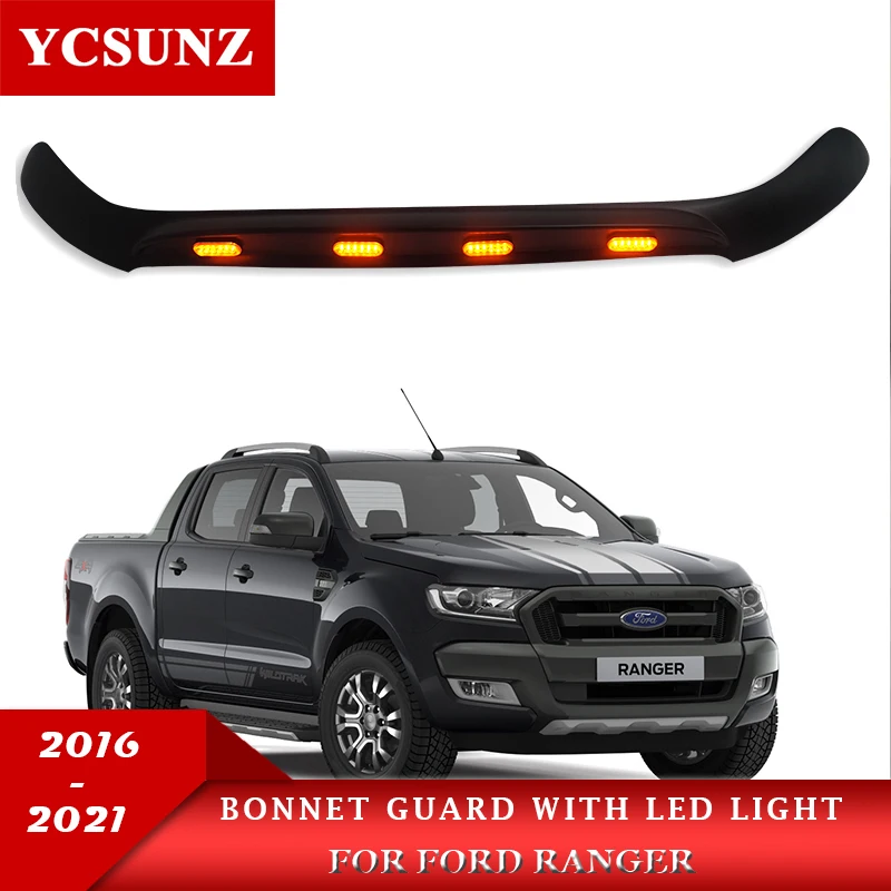 Front Bug Shield Hood Deflector Guard With LED Light For Ford Ranger Wildtrak T8 2018 2019 2020 2021 Double Cabin Accessories