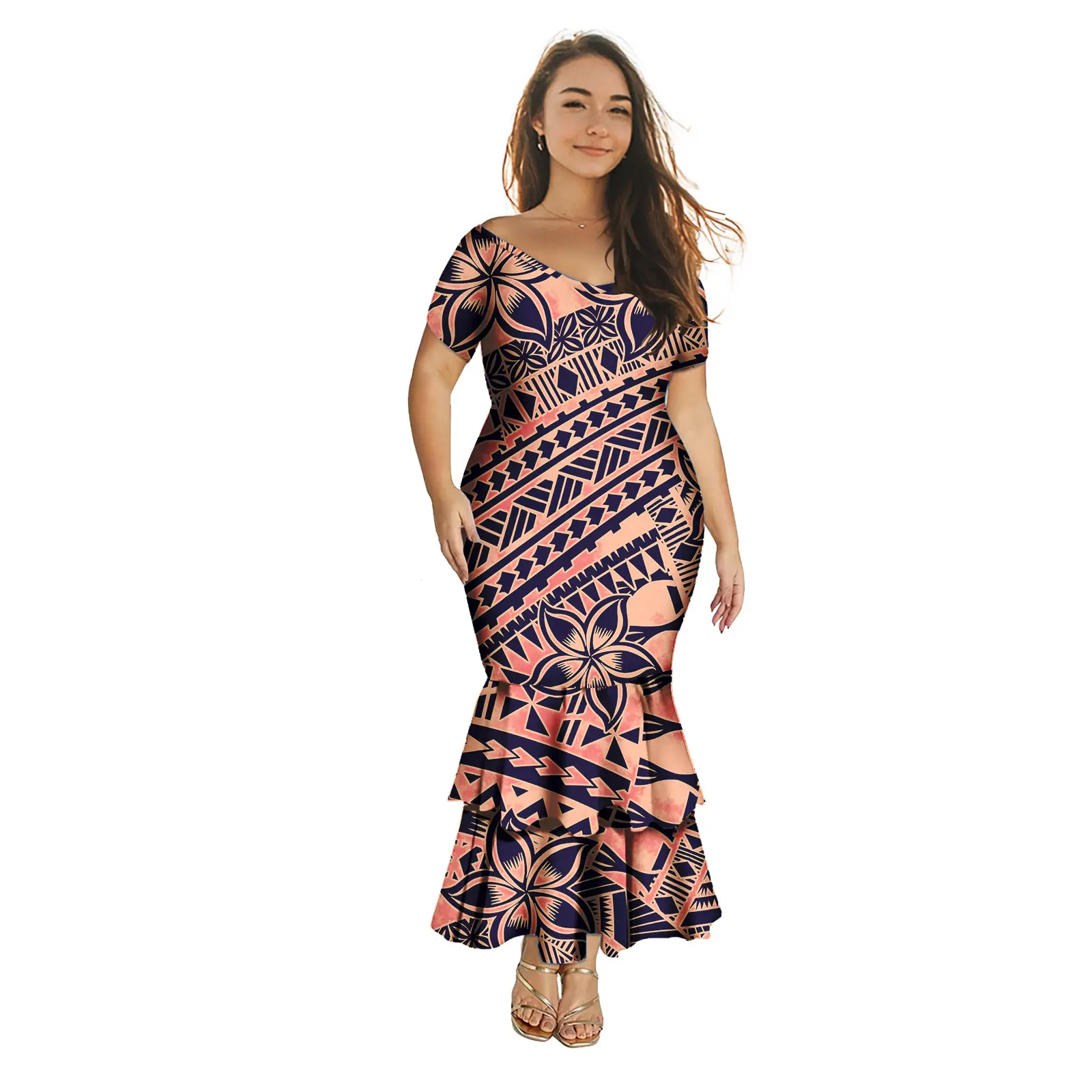 

Plus Size Clothes Dresses Women Lady Elegant Mermaid Island Tribal Design Luxury Formal Hawaiian Printed V-Neck Samoan Dress