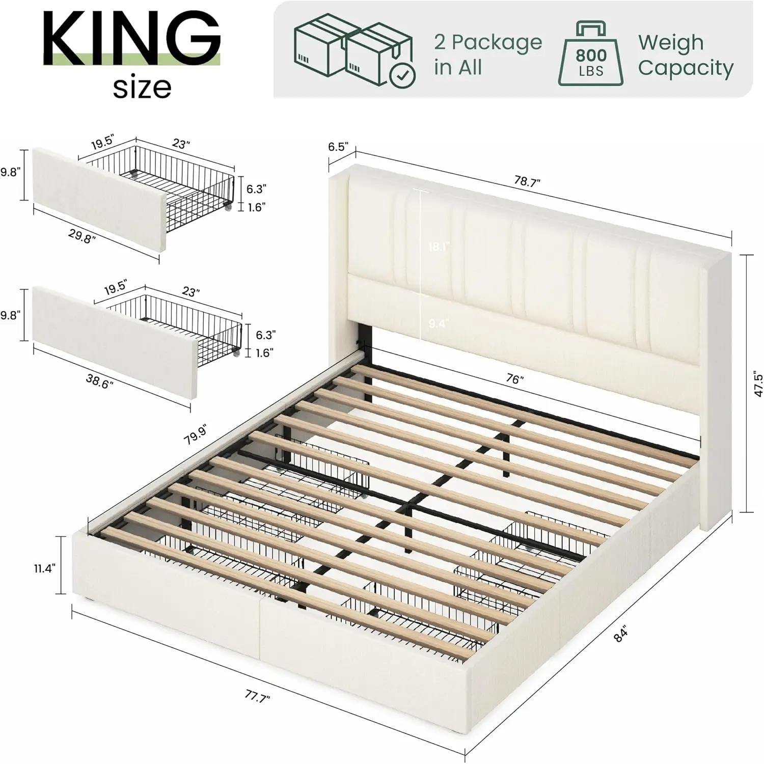 King Size Bed Frame with 4 Storage Drawers and Vertical Channel Tufted Headboard Linen Upholstered Platform