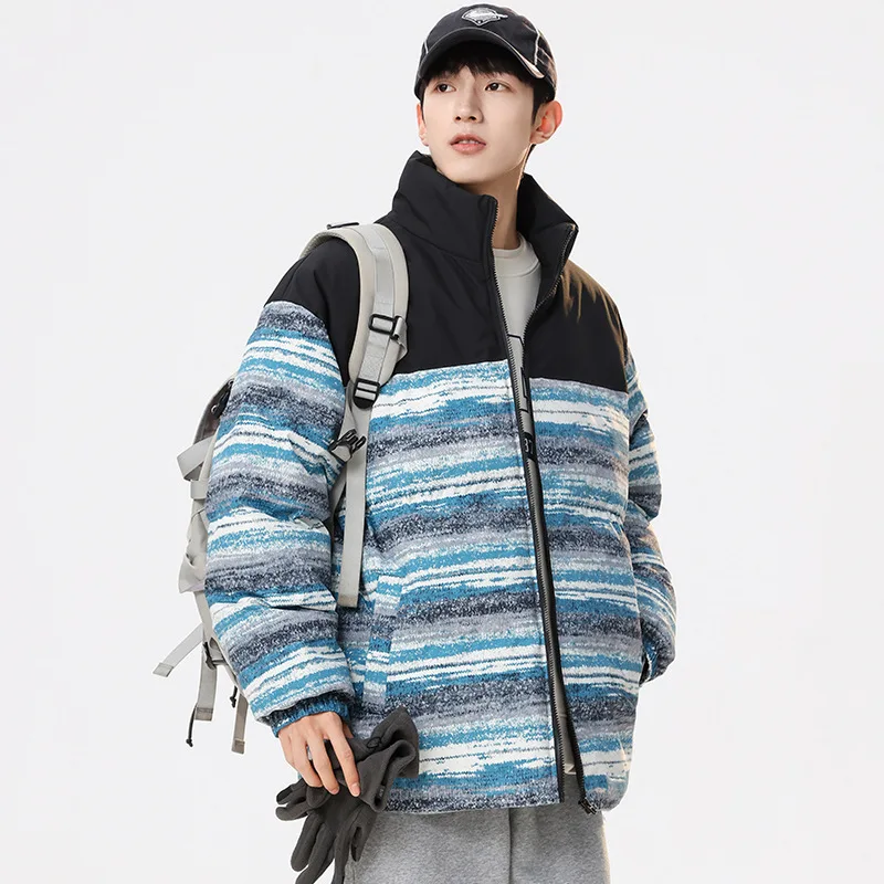 

Men Coat Winter High Street Striped Patchwork Stand Collar Male Down Outerwear Loose Long Sleeve Zipper Cold-proof Man Jacket