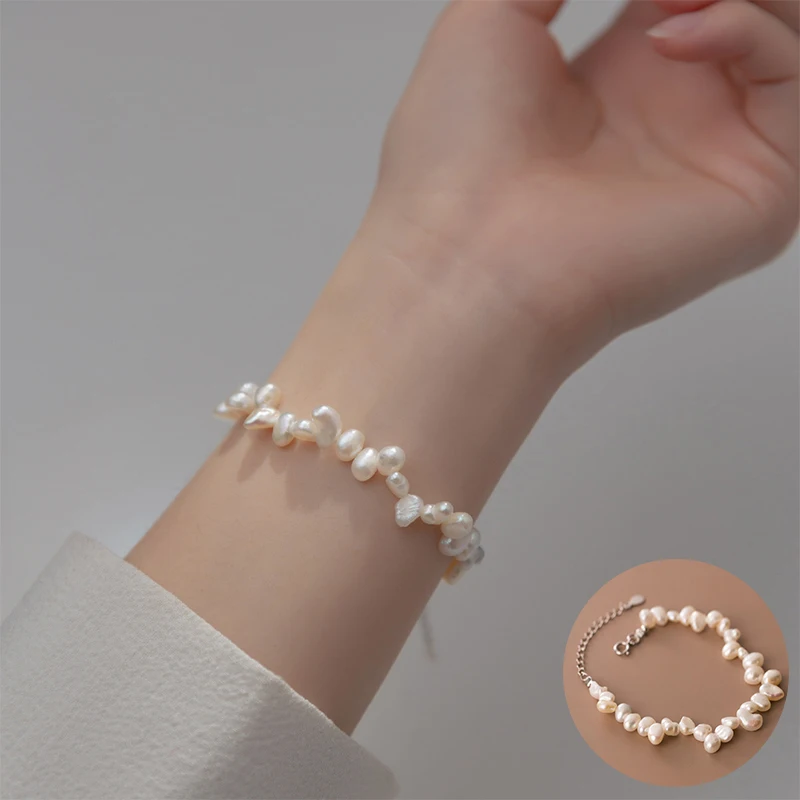 

100% 925 Sterling Silver Pearl Geometric Bracelet for Women Girl Simple Irregular Baroque Design Jewelry Party Gift Dropshipping