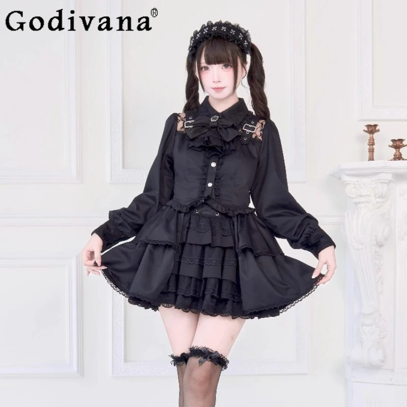 

Subculture Mine Black Long Sleeve Dress Autumn New Japanese Girl's High Waist Slim Sweet Bow Lace Lolita Dress Gothic Vestidos