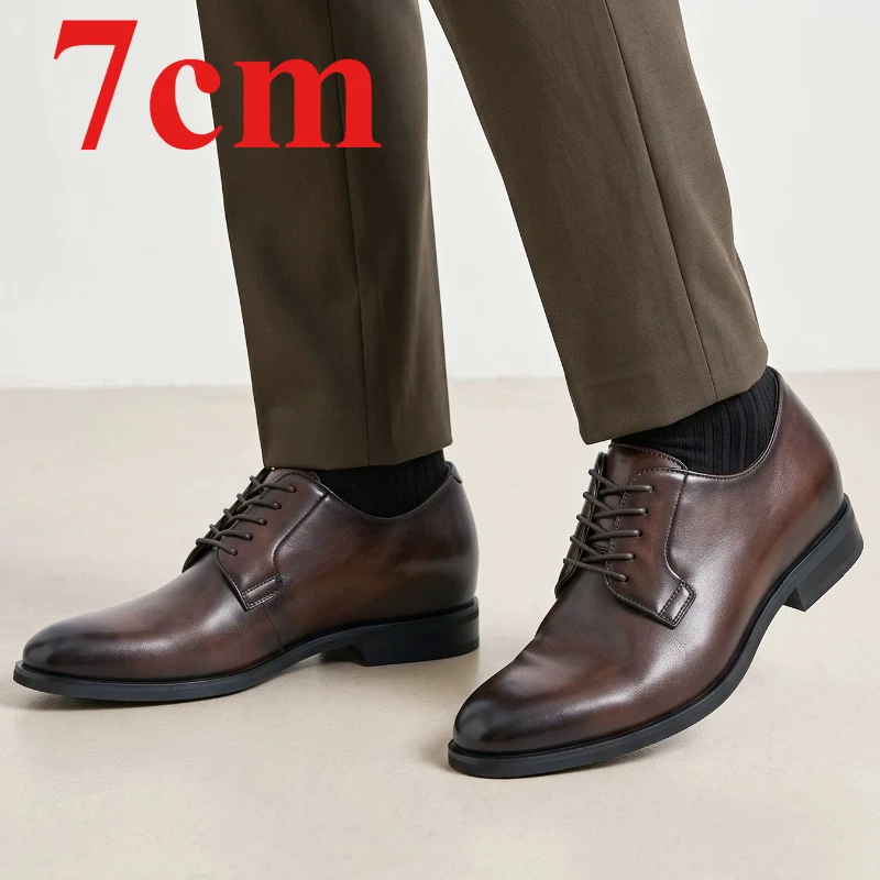 Men's Dress Shoes for Man 7cm Brown Banquet Height-increasing Derby Shoes Male Lightweight Genuine Leather Wedding Elevator Shoe