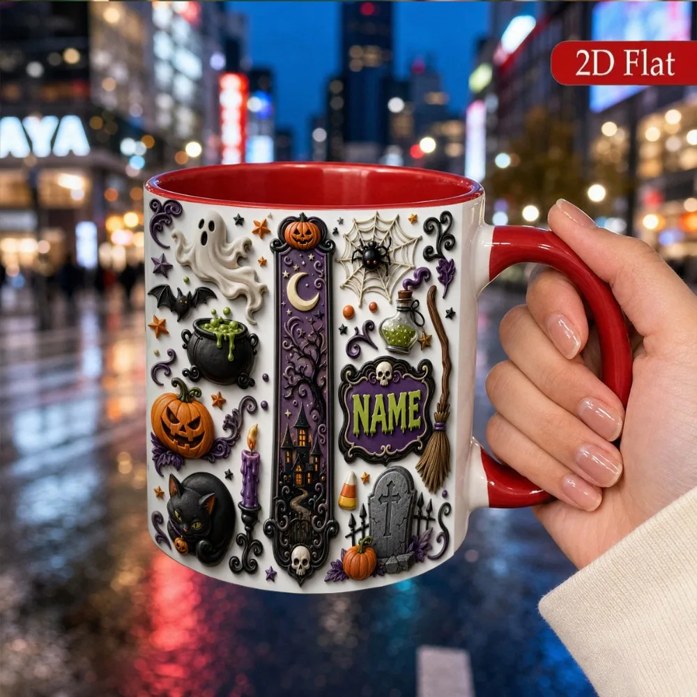 Custom Halloween Mug 11oz Ceramic Personalized Name Pumpkin Ghost Witch Broom Cat Spider Web Gift