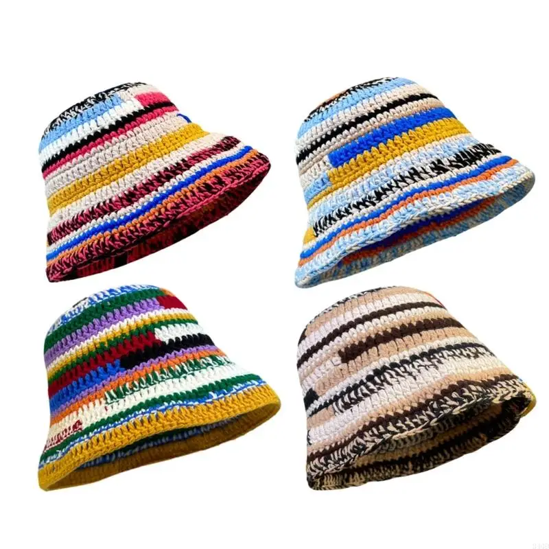 

340D Windproof Woman Crochet Hat Winter Fisherman Hat Teen Handmade Stripe Bucket Hat