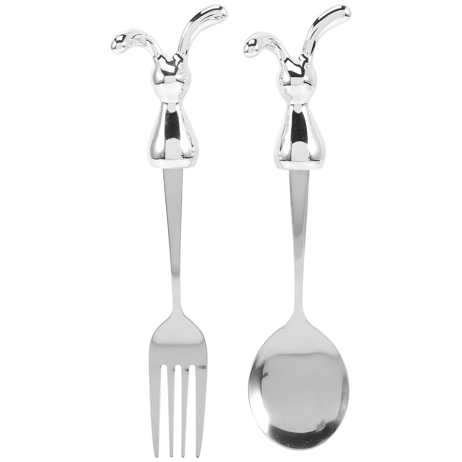 2 Pcs Toddler Utensils Rabbit Tableware Travel Small Kids Spoons Cartoon Forks Silver Feeding