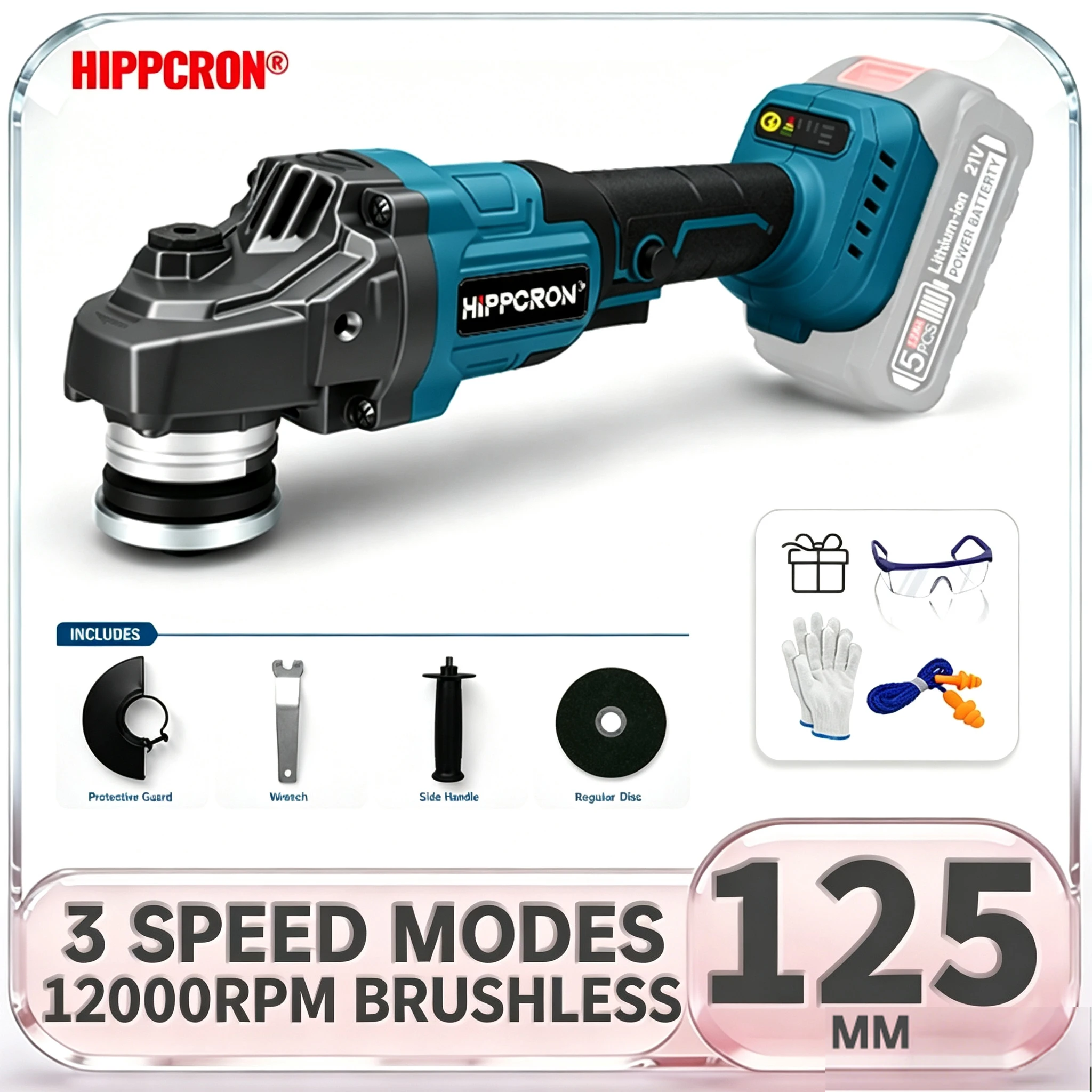 HIPPCRON 125MM 12000 RPM Brushless Angle Grinder 3 Gears Cordless Grinding Machine Cutting Wood For Makita 18V NO Battery