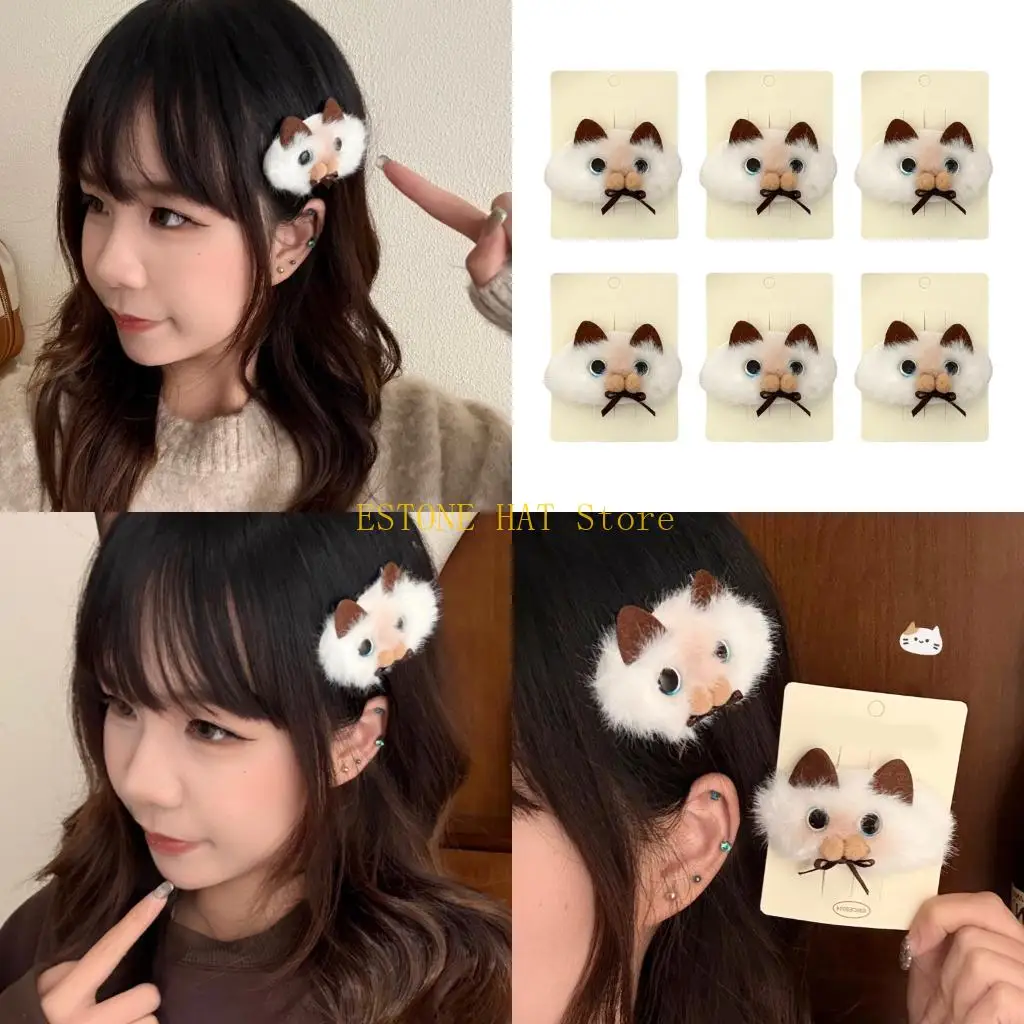 

49MF 6pcs Adorable Plush Siamese Puss Seal Hair Clip For Girls Soft Comfortable Wear
