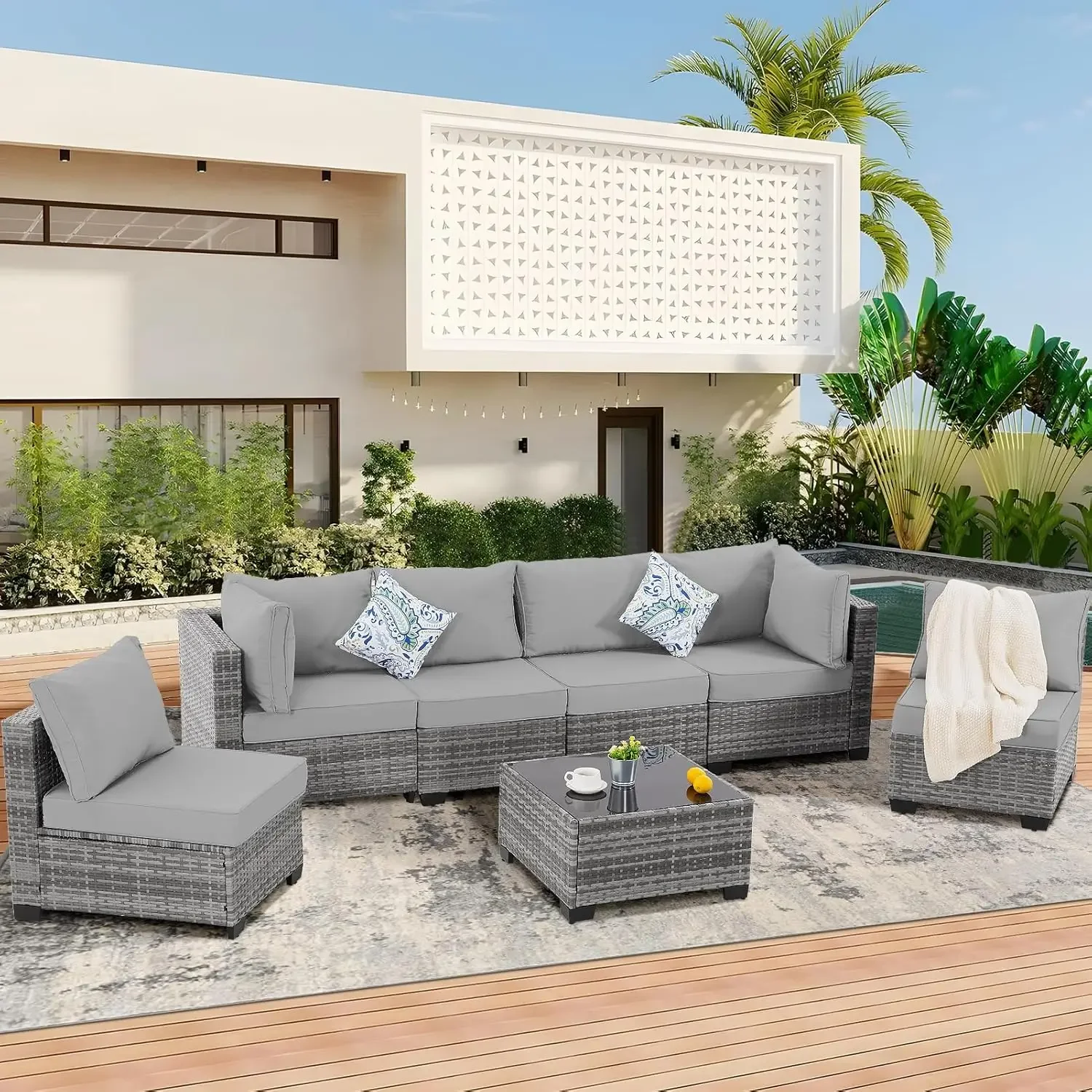 7 Pieces Outdoor Patio Furniture Set, Wicker Sectional Sofa Set Rattan Modular Patio Conversation Sets with Cushions Couch Set