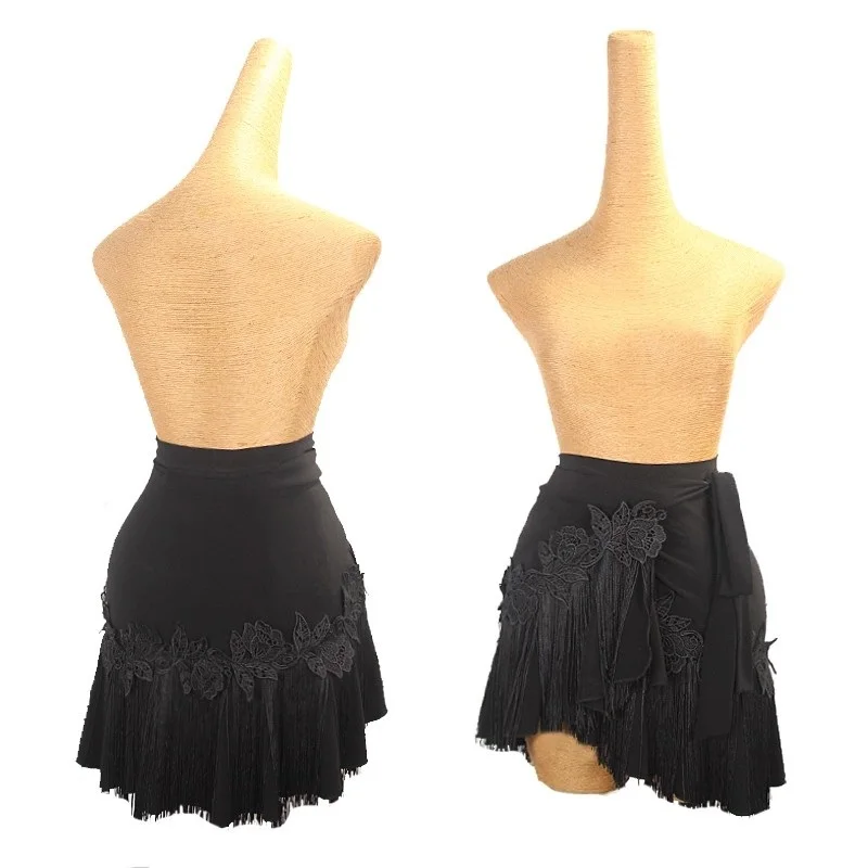 Falda de baile latino de una pieza con flecos, bufanda a la cadera, vestido de práctica de flores rosas, falda de práctica de baile para mujer