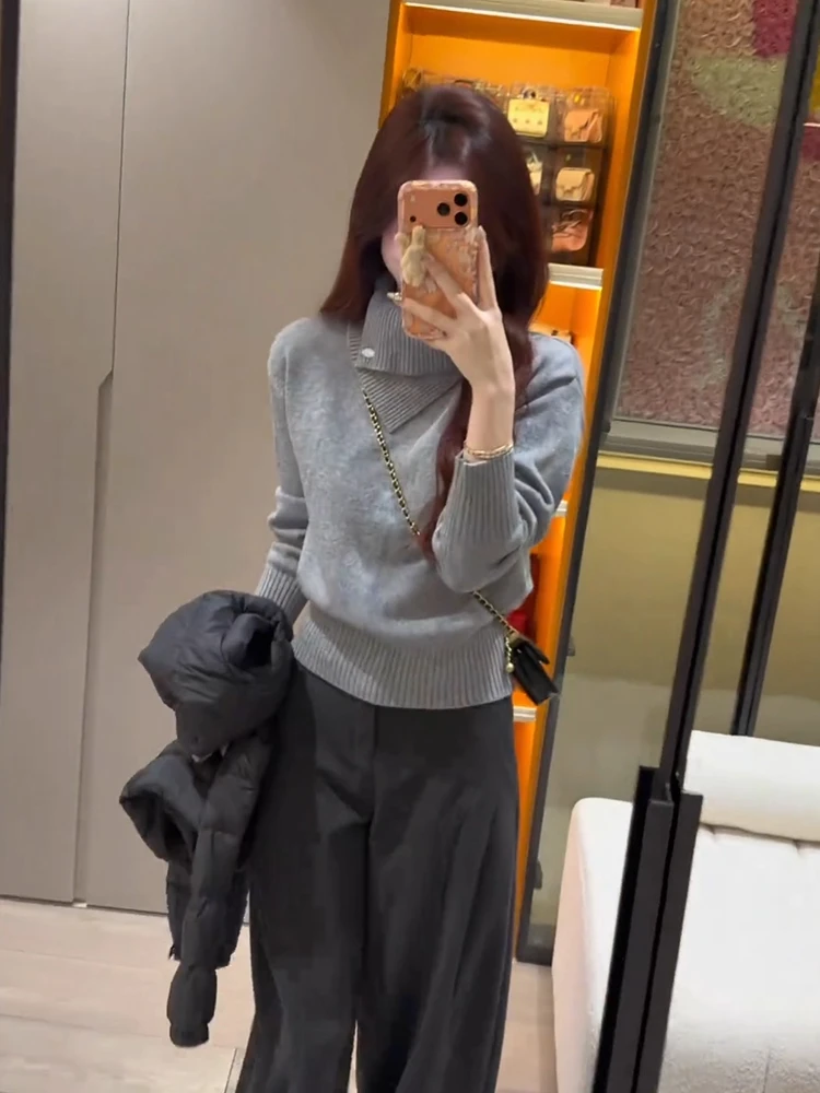 

Вязаный свободный женский свитер с высоким воротником, легко сочетается с другими вещами, осень-зима, новинка, мягкий, в французском стиле