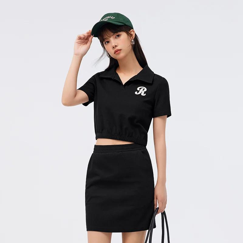 Semir Set Women Polo Neck Embroidered Top Elastic Waist Skirt 2024 Summer New Waffle Two Piece Casual Set