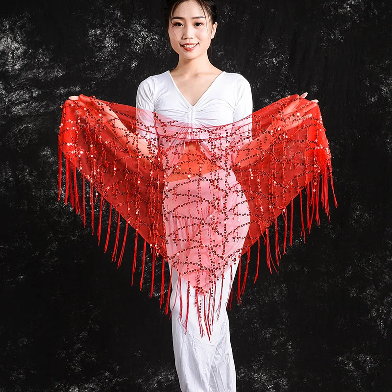Best Seller Belly Dance Accessory Set | Sequin Fringe Triangle Scarf & Waist Chain, Performance Hip Scarf with Practice Skirt