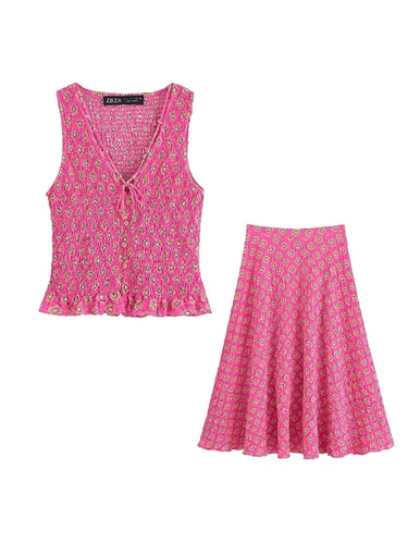 Imagen 1 del producto Conjunto de faldas largas estampadas 2025 para mujer, camiseta sin mangas con cordones, falda holgada de cintura alta, traje bohemio para vacaciones en la playa de verano 