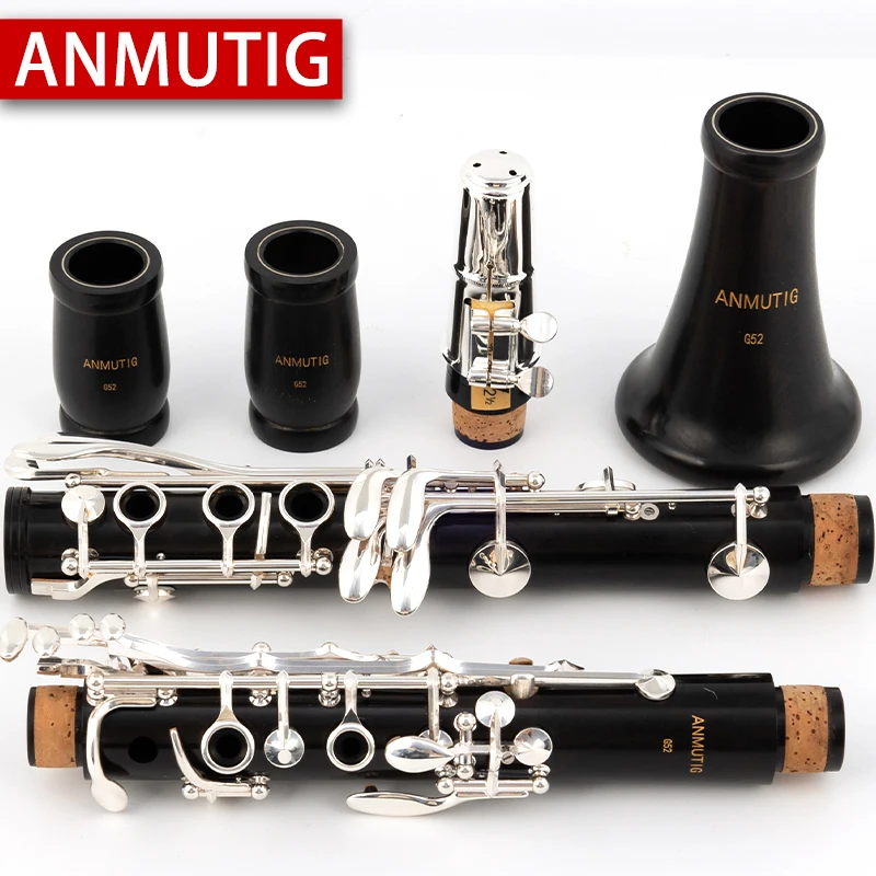 ANMUTIG Ebony Bb Clarinet Silver Plated Buttons 17 Keys Wood Clarinet G52