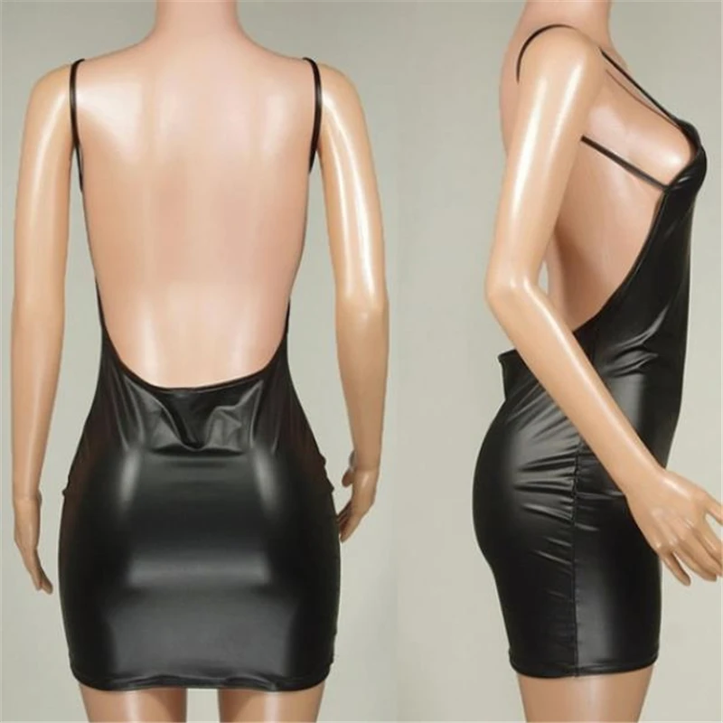 Sexy Faux Lederen Jurk Backless Club Party Korte Jurk Effen Zwarte Natte Look Latex Bodycon Push-Up Bh Mini Micro Jurk