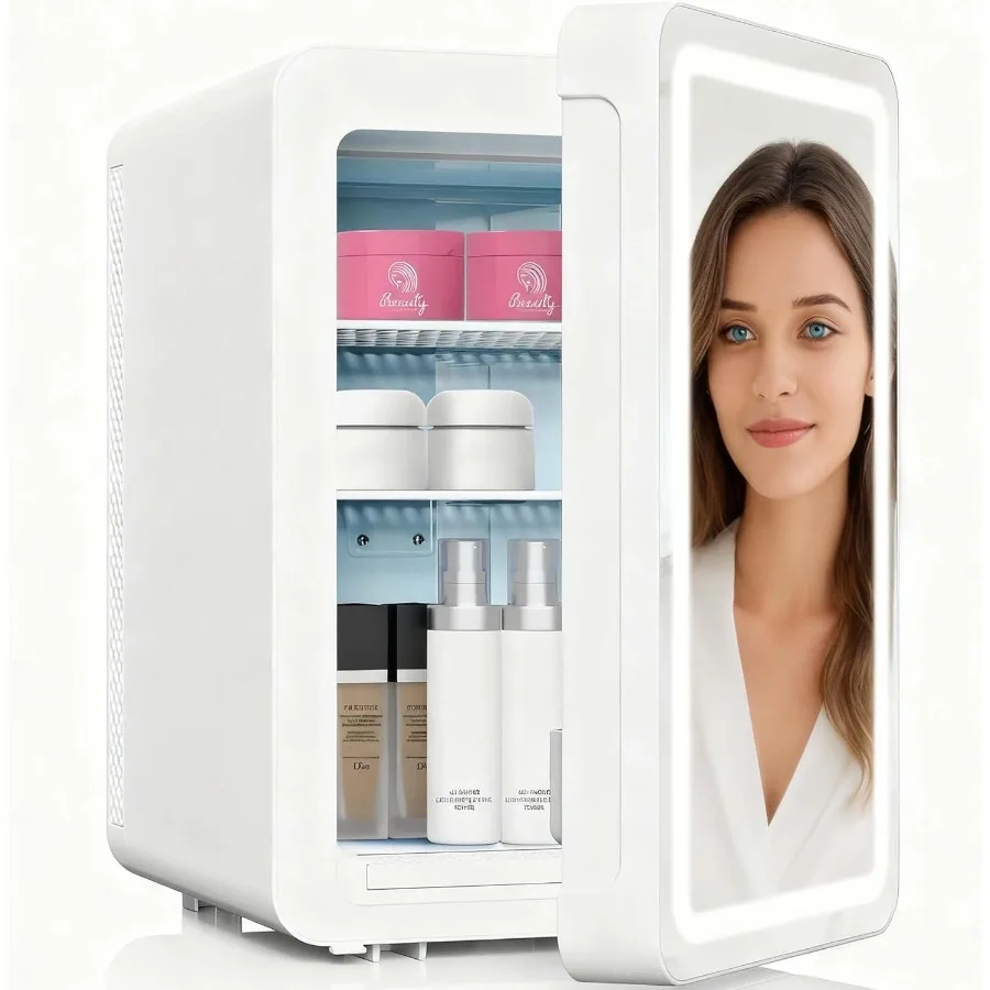 

20L Skincare Fridge with Mirror LED Lighting 3Mode Dimmable Cooler Warmer with Drip Tray for Makeup Cosmetic Beauty Mini Beauty