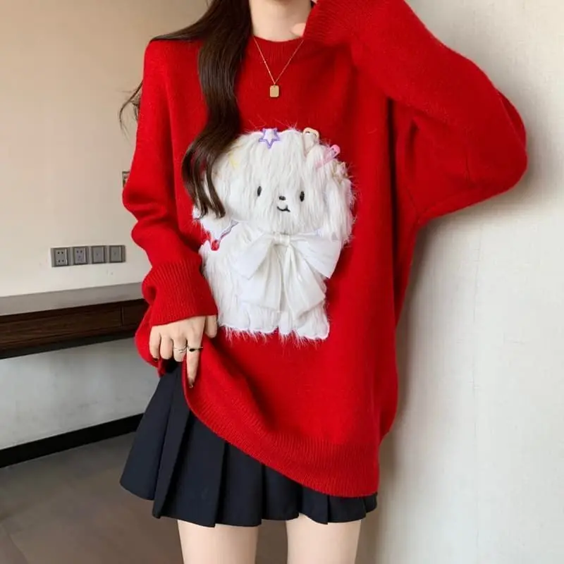 Hairy puppy red sweater women's 2025 autumn and winter new medium and long knitted sweater age-reducing top
