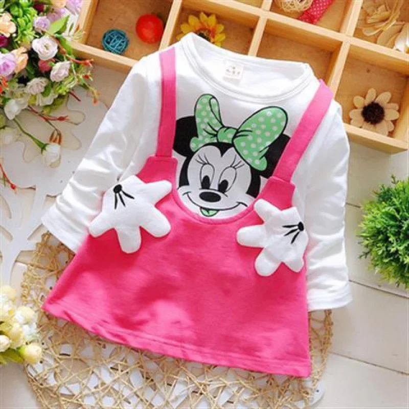 Spring Autumn Cotton Girls Dress Cartoon Mickey Minnie Mouse Print Beautiful Princess Party Long Sleeve Pajama Tops Kid Clothes