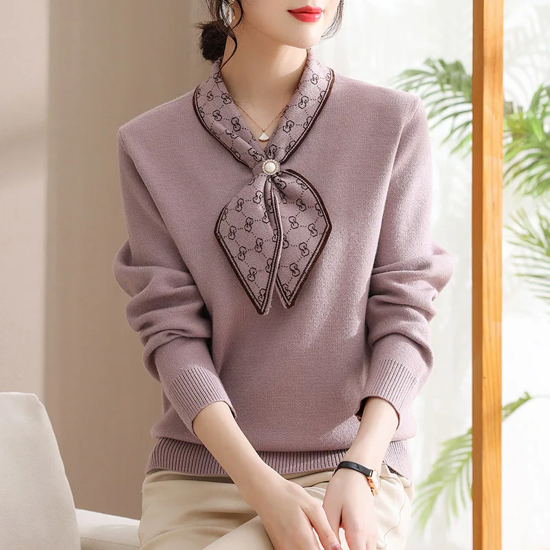 Women Fashion Bow Jacquard Wool Sweater Autumn Winter Thick Casual Loose Knitted Tops Comfortable Casual Knitwear