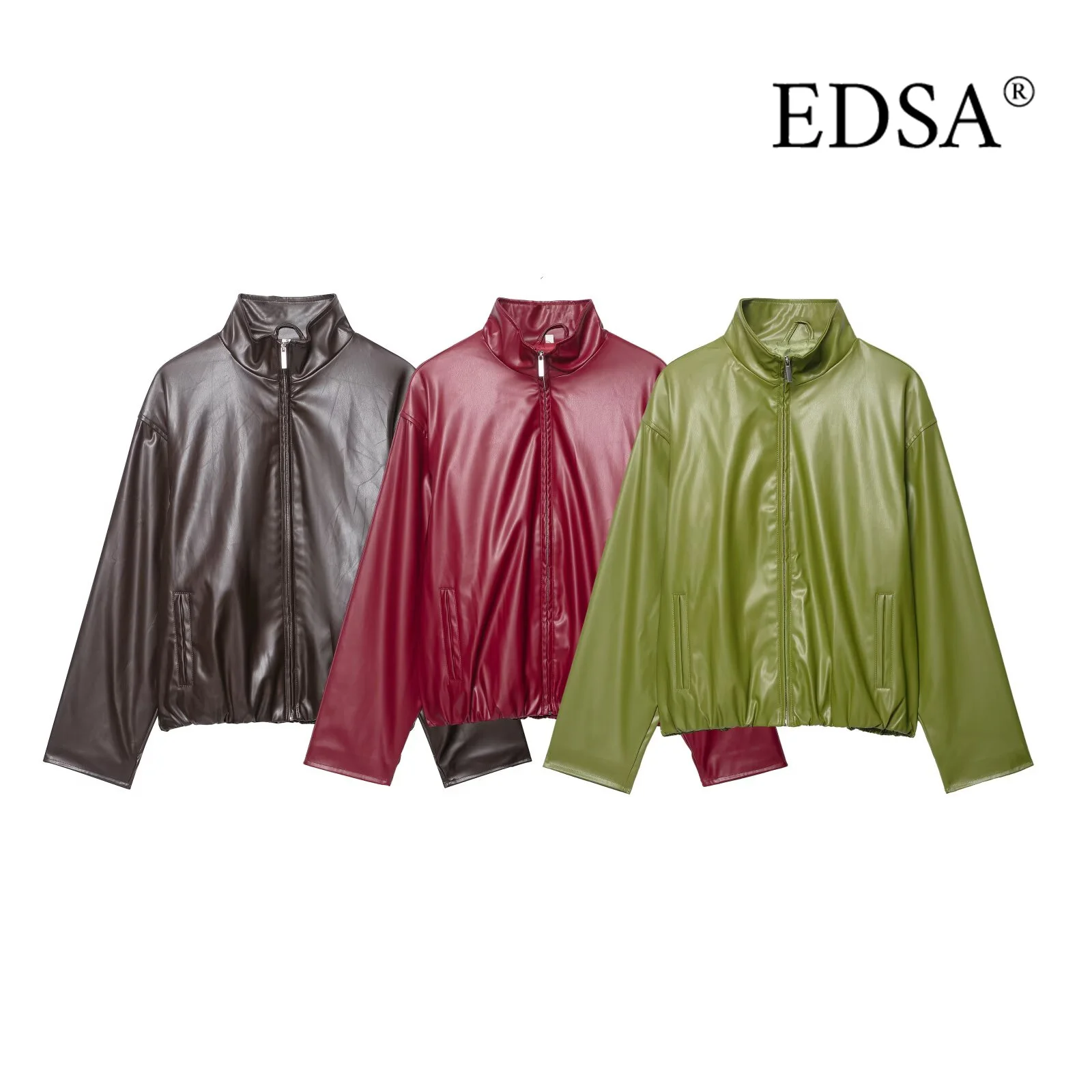 

EDSA женская ретро куртка из искусственной кожи с воротником-стойкой и длинными рукавами на боковой молнии, весенне-осеннее винтажное женское пальто, верхняя одежда