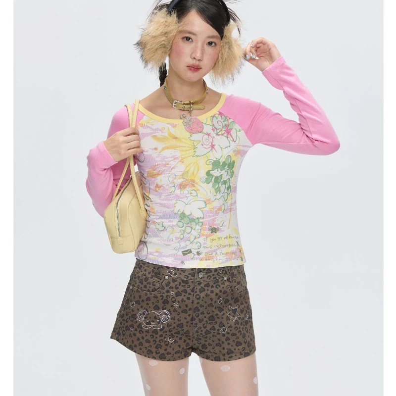 Autumn New Yellow Pink Splicing Round Neck Women's Bottoming Shirt Japanese Design Slimming Versatile Long Sleeve T-Shirt Ladies