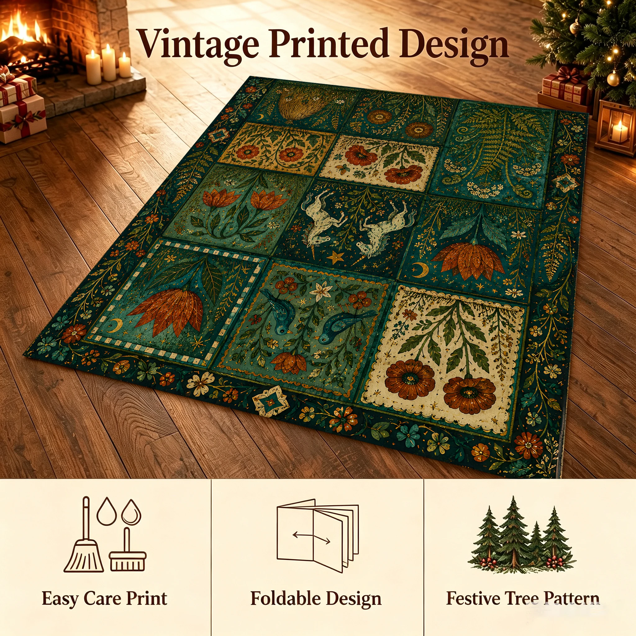 Velvet Rug Retro Plaid Floral White Deer Plant Pattern Vintage for Living Room Bedroom Bedside Home Decor - view 3