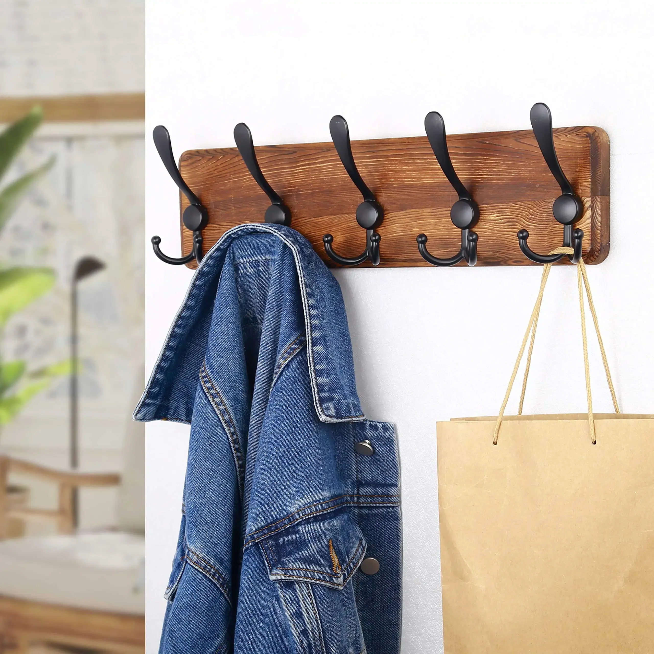 Mount for Hanging Backpack Jacket Coats Hats Rustic Coat Rack for Entryway Wood Coat Hanger with 5 Triple Hooks Wall