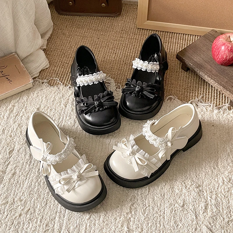 

2026 Leather Shoes Sweet Bowknot Black School Girl Shoes Fashion Lolita Style Chic Princess Causal Flat Shoes Hook Loop