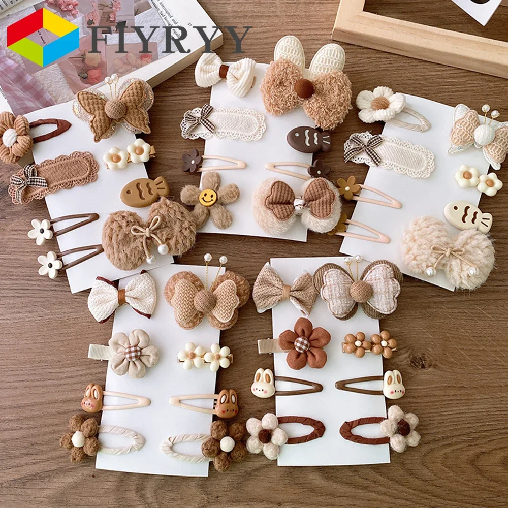 8pcs/set Sweet Girl Hair Clip Cartoon Bear Floral Bowknot Hair Pin for Toddler Girls Lovely Beige Coffee Color Kid baby Headwear