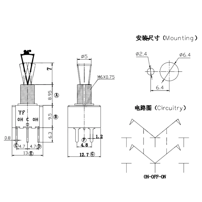 DTS-102-E1-TO-21MM short flat handle button rocker arm switch Airplane model handle vertical straight six pin two gears