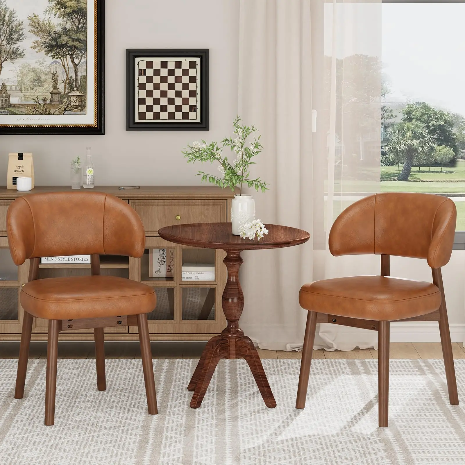 Wooden Dining Chairs Set of 2, Modern Upholstered Dining Room Chair, PU Leather Kitchen Side Chairs with Curved Open