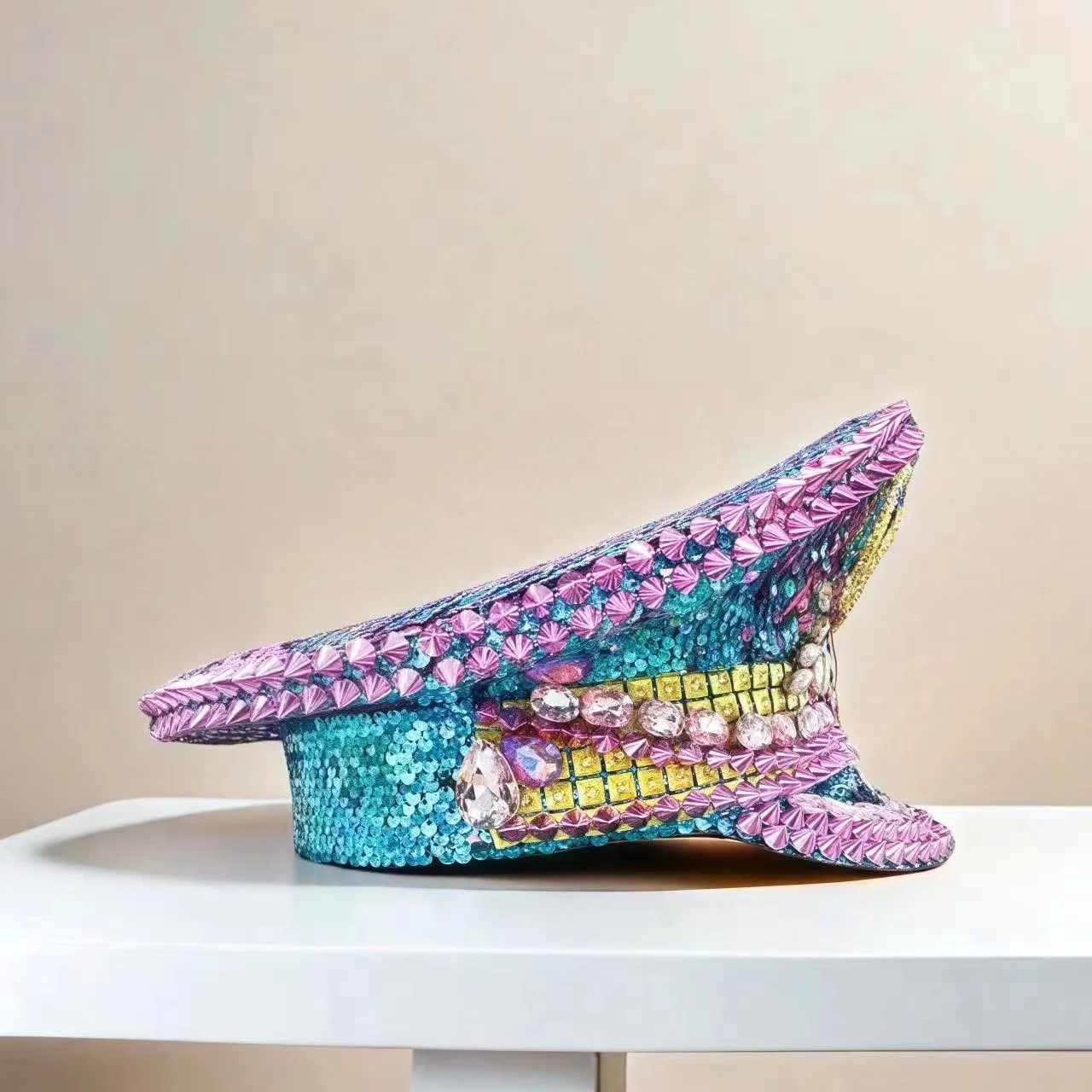 HongLuan Yellow Laser Leather Loop Captain Hat Rhinestone & Military Caps for Woman, Rave Festivals Accessories ＆ Party Cap Man