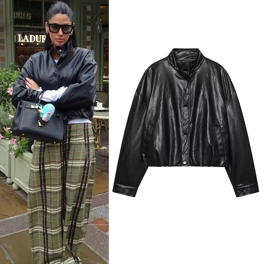 Jaqueta Feminina Nova de Primavera, Moda Simples, Solta, de Gola Alta, Manga Longa, Jaqueta de Couro Sintético, Casaco Curto Feminino