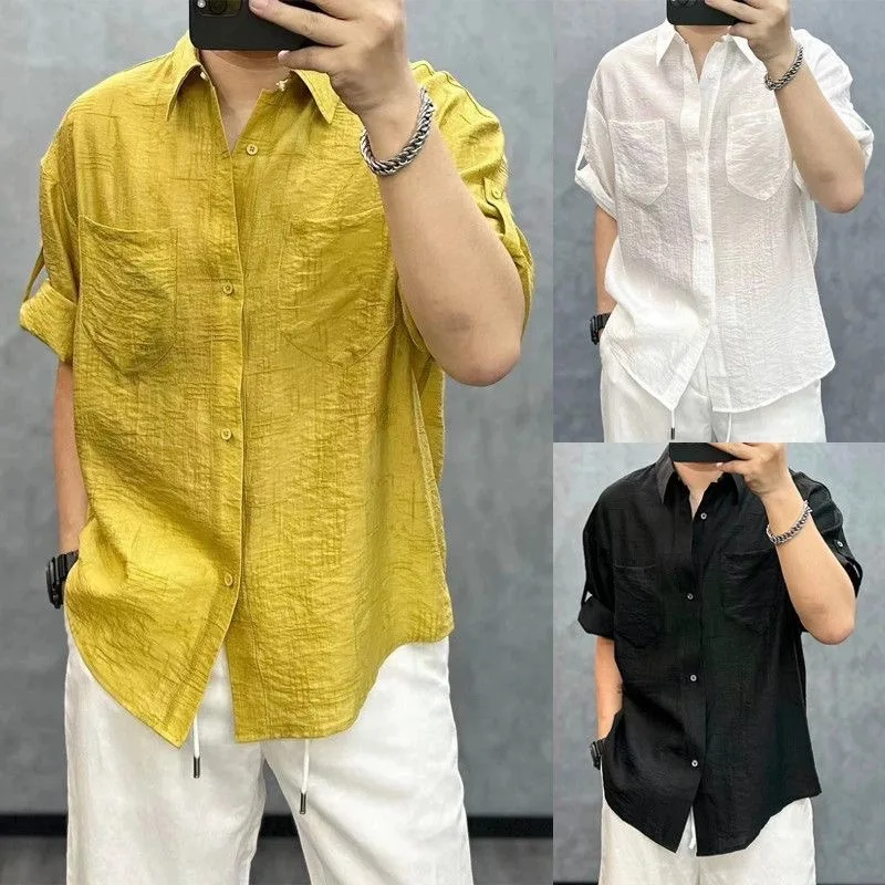 

New Chinese Sle Embroidered Pattern Pleated Button Design Five Sve irts Men Summer Loose Trendy Ne Breathable