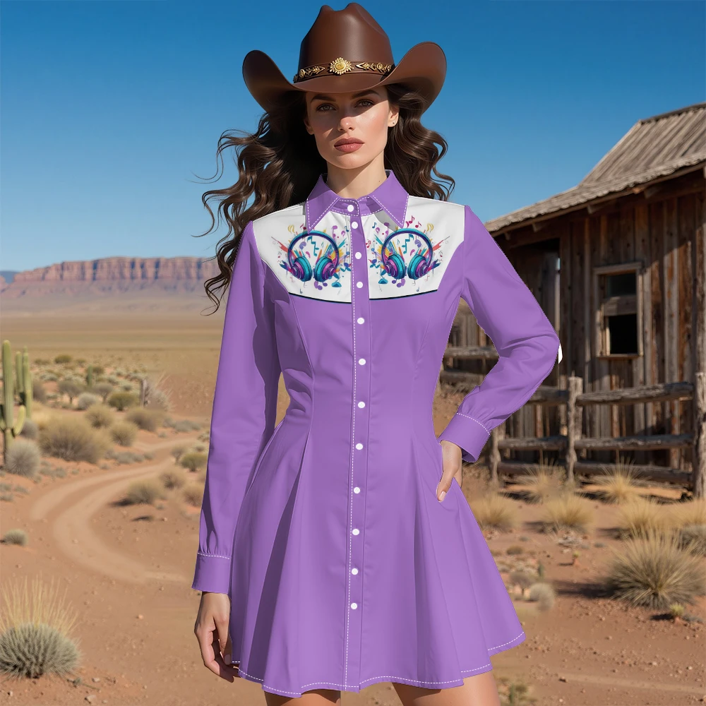 فستان راعية البقر من Punk Rock للنساء على شكل جمجمة وموسيقى ملاحظة مطبوعة بأكمام طويلة فستان متوسط الطول باللون الأرجواني على الطراز القوطي الغربي