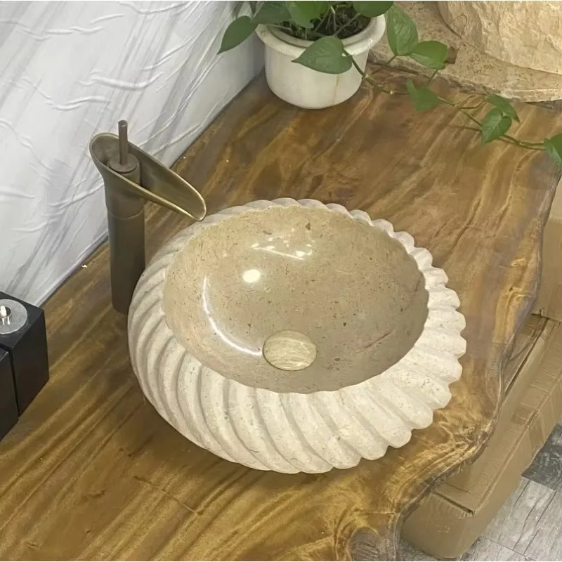 

Irregular decoration, natural stone, marble containers, waves outside the sink, modern bathroom finishes