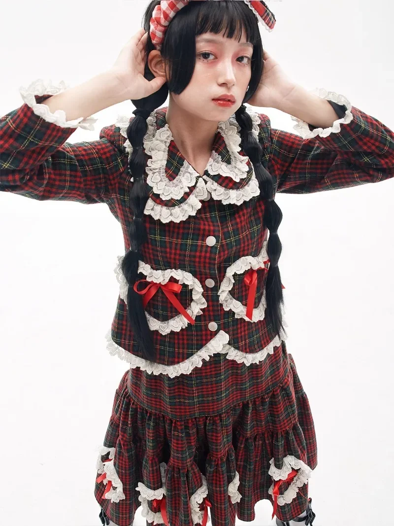 2024 New Japanese Autumn Original Design Sense Retro Red Plaid Suit Top Bow Lolita Cute Niche Fashion Versatile Coat For Women